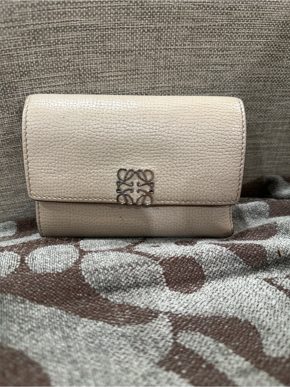 Loewe Mini Beige Pebbled Leather Wallet with Anagram Emblem
